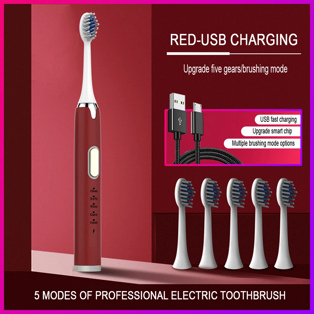 Cepillo de dientes eléctrico sónico recargable por USB, Ultra sónico, lavable, blanqueador electrónico, resistente al agua cepillo de dientes, cepillo de dientes eléctrico