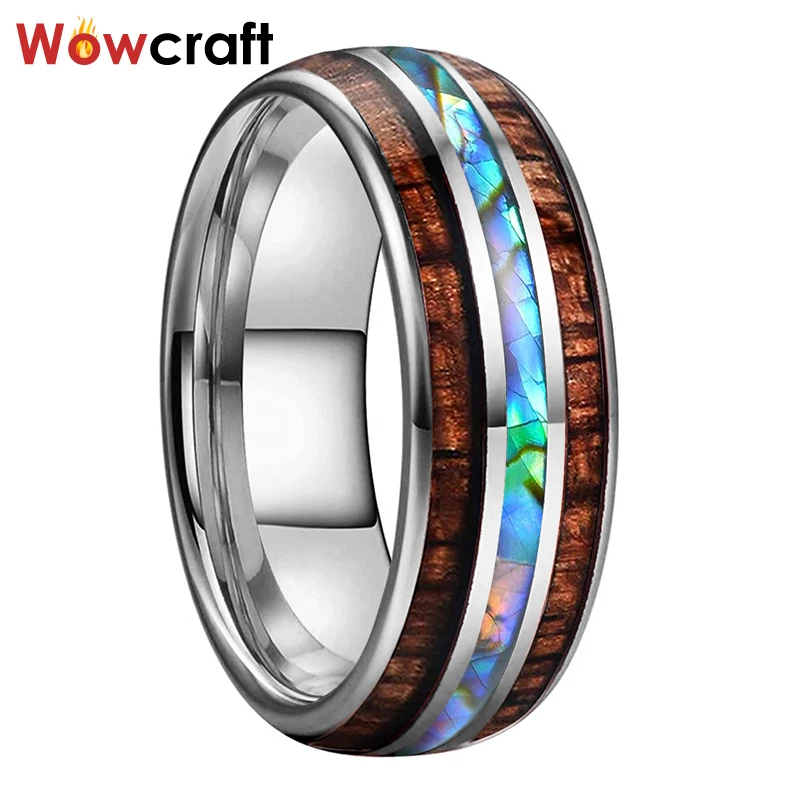 

8mm Men Women Wedding Bands Tungsten Carbide Ring Abalone Shell and Koa Wood Inlay Domed Shape Polished Shiny Comfort Fit