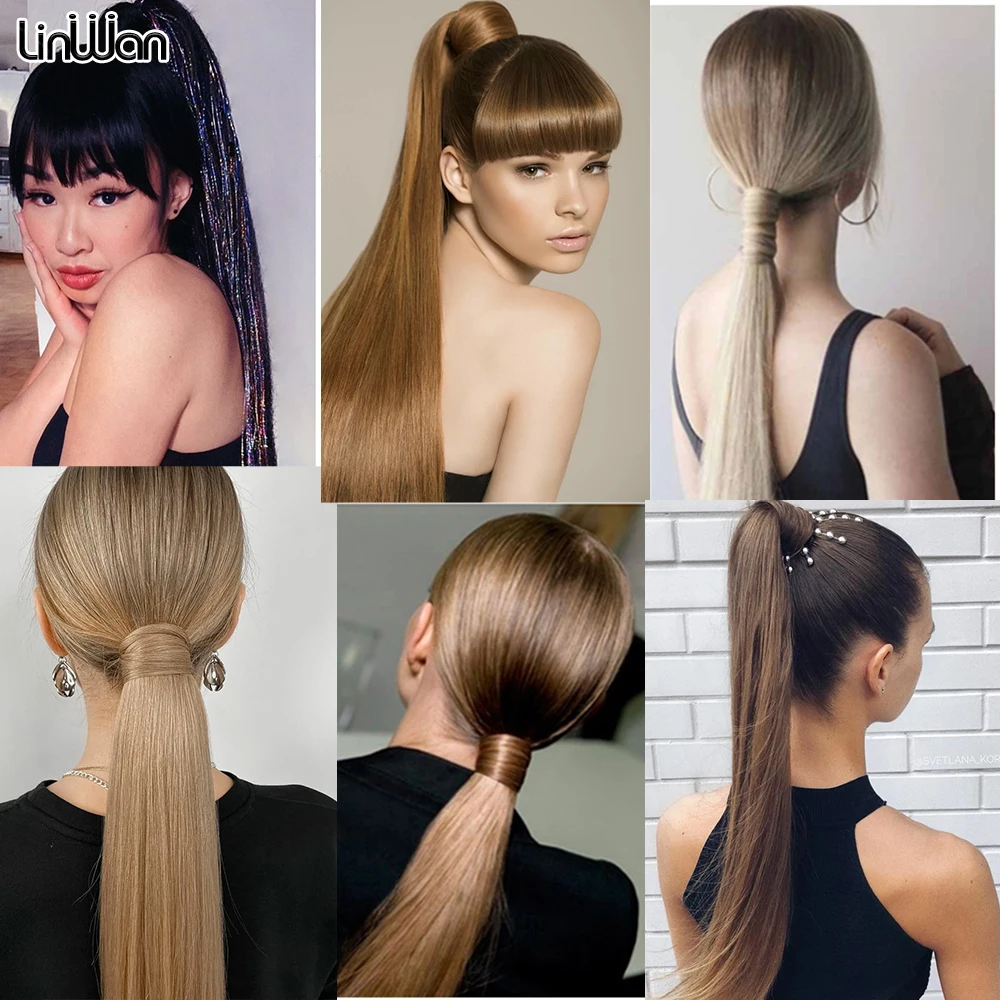 Synthetic Long Straight Wrap Around Clip In Ponytail Hair Extension For Women 22inch Heat Reistan Pony Tail Fake Hair linwan