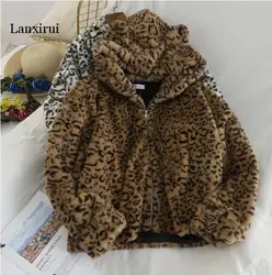 Women fake Mink Fur Thick Coat Leopard Bomb hooded Jacket