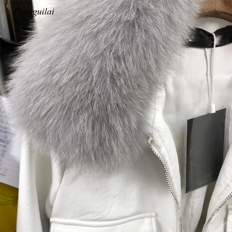 Große Hight Qualität Fuchs Pelz Kragen 2020 Neue Frauen Winter Warm Faux Leder Jacken Motorrad Pu Leder Jacke Weibliche Warme mäntel