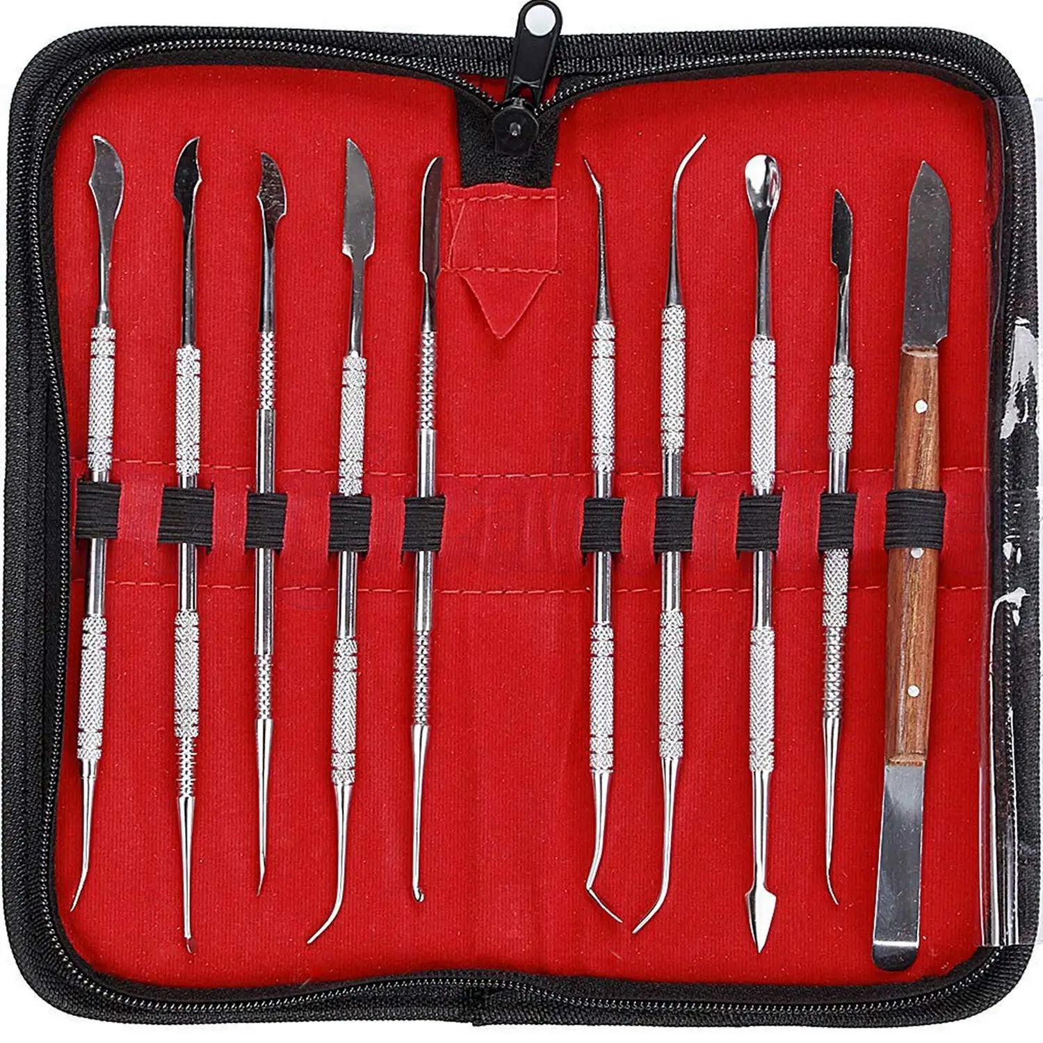 

10 Pcs Practical Stainless Steel Versatile Teeth Wax Carving Tool Set Dental Instrument Kit Dental Tool with Pu Holder