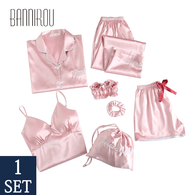 BANNIROU Sleepwear For Women Pyjama Set Women\'s Pajama Home Clothes Silk Female Pyjamas 7 Pcs Pajama For Woman Set Free Shipping