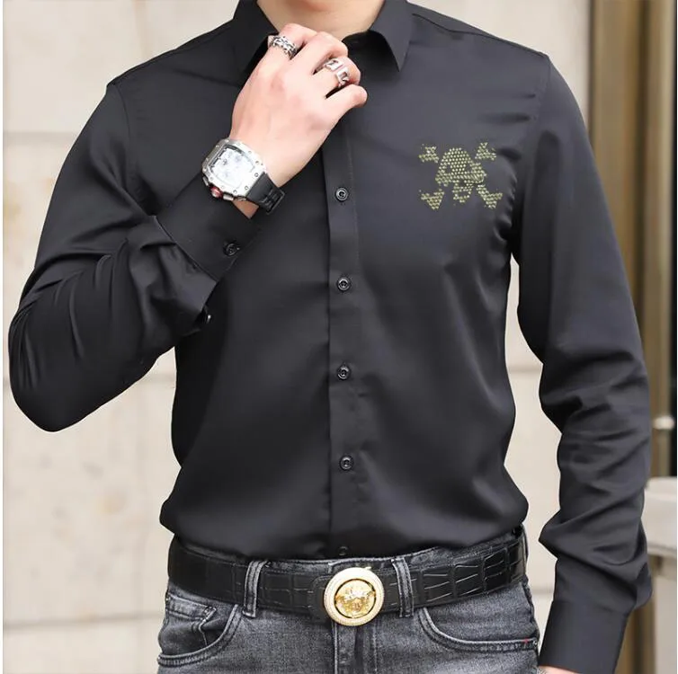 Rhinestones Mens Skulls Shirts Diamond Anime Long Sleeve Button Hot drill Cotton Men