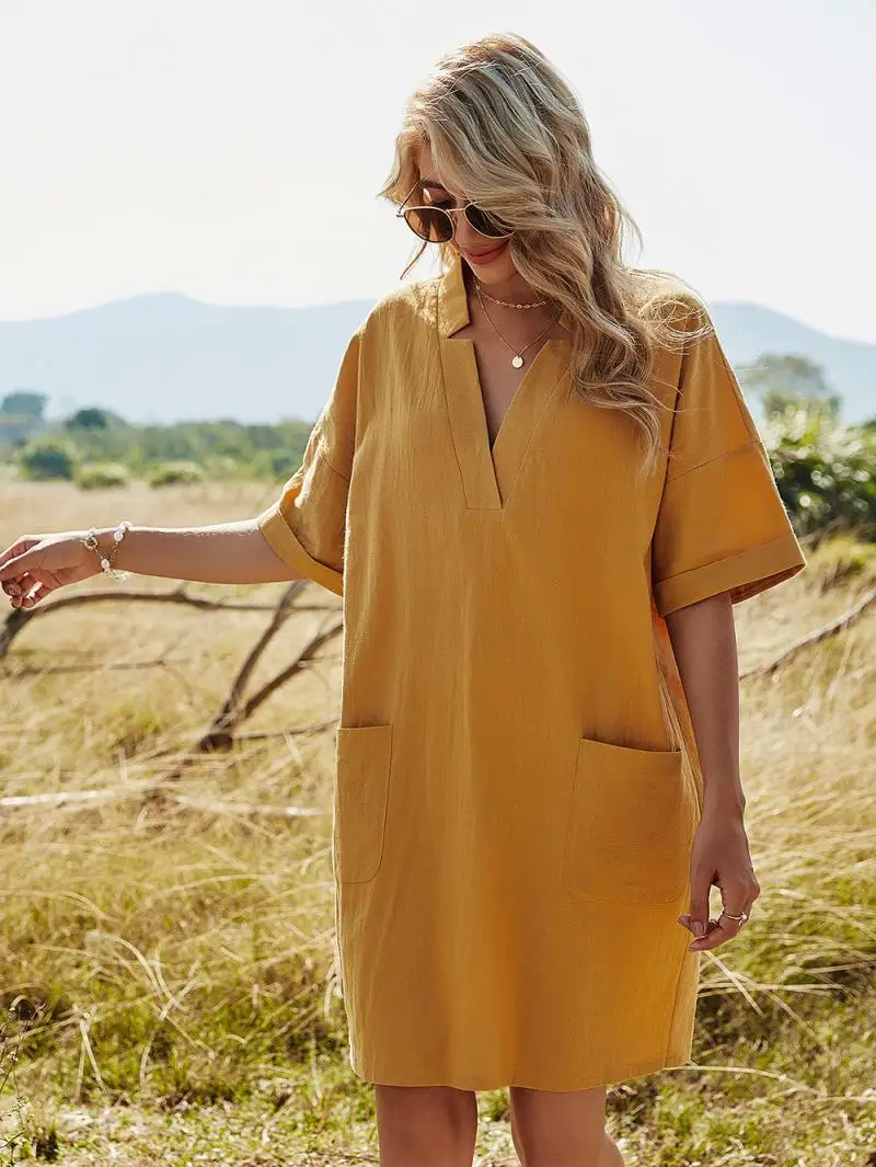 Verão vestido feminino com decote em v akimbo boca uma palavra saia saco lazer solto mangas curtas praia férias praia vestido