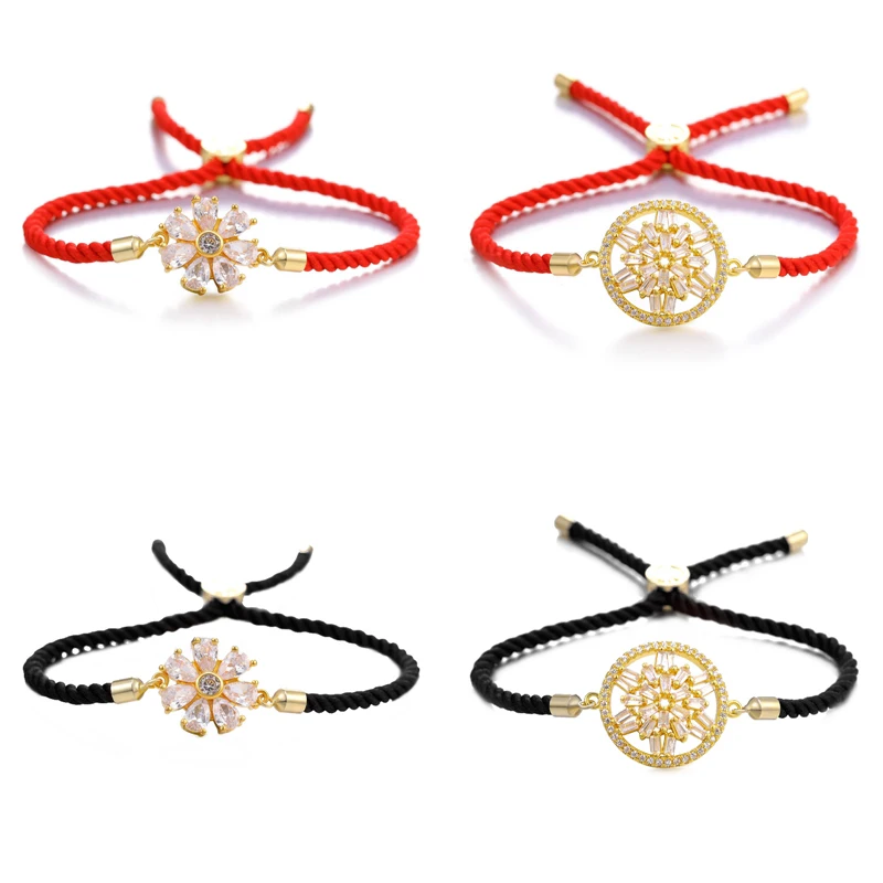 Juya Handmade Red Thread Bracelet Supplies Cubic Zirconia Flower Charm Bracelet For Women Fashion Adjustable String Bracelet