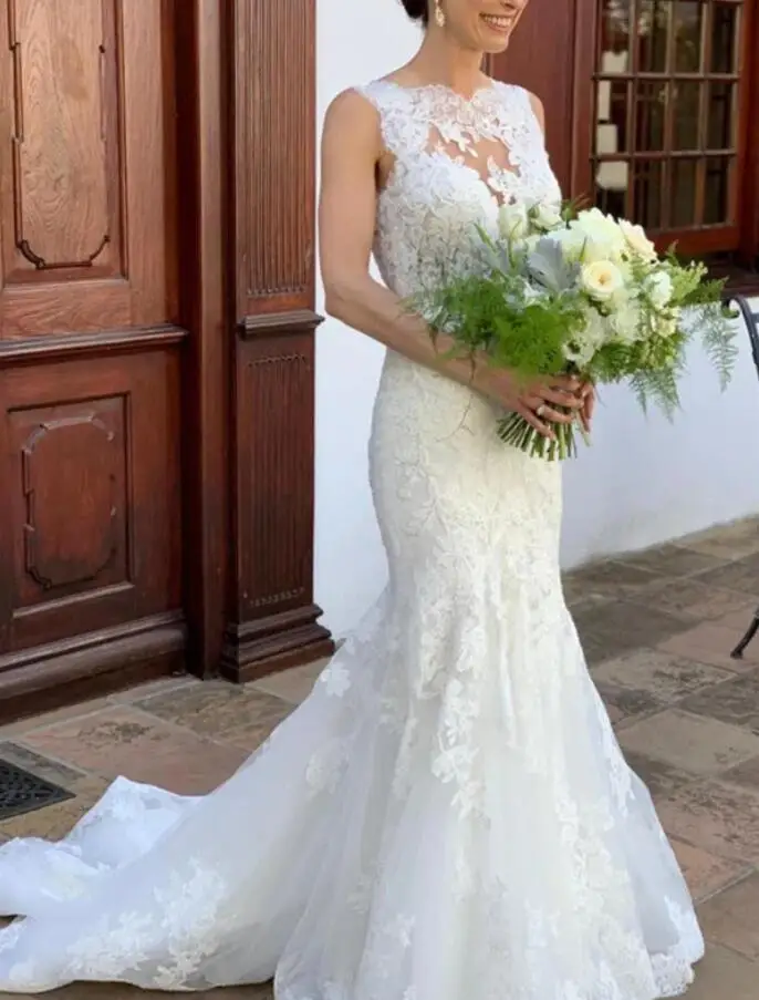 Vestido de novia de sirena clásico sin mangas, elegante, con Apliques de encaje