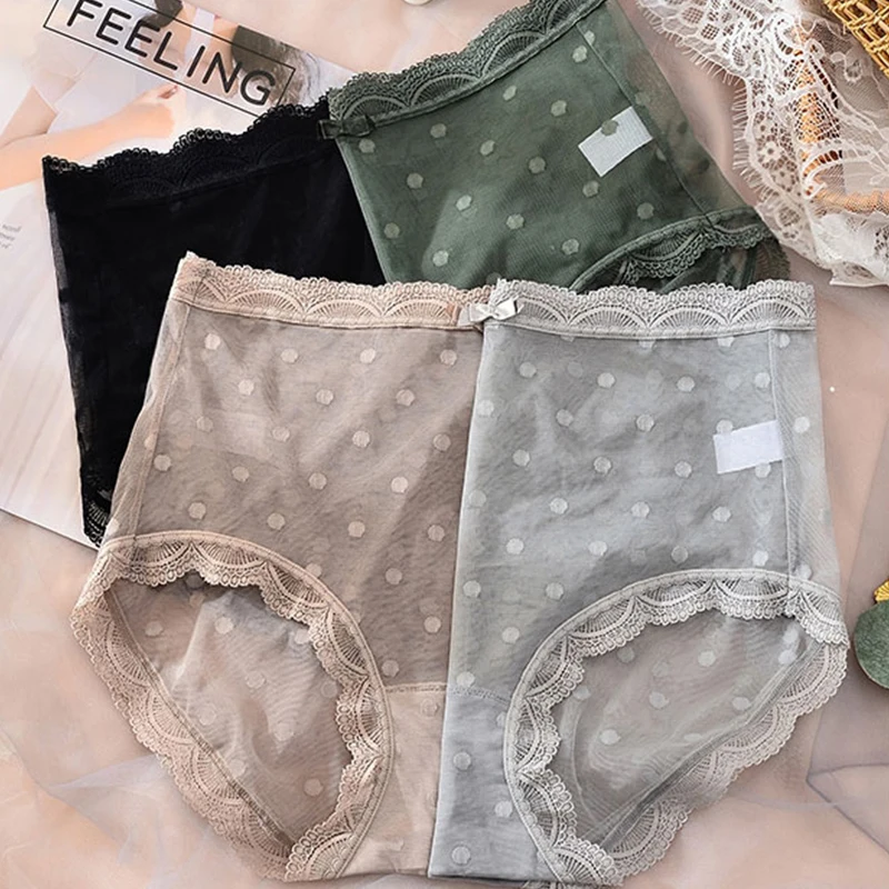 Women Lace Panties Large Sizes Sexy Lace Transparent Mesh Bow Dots Panties with High Waist Summer Traceless Underwear for Women