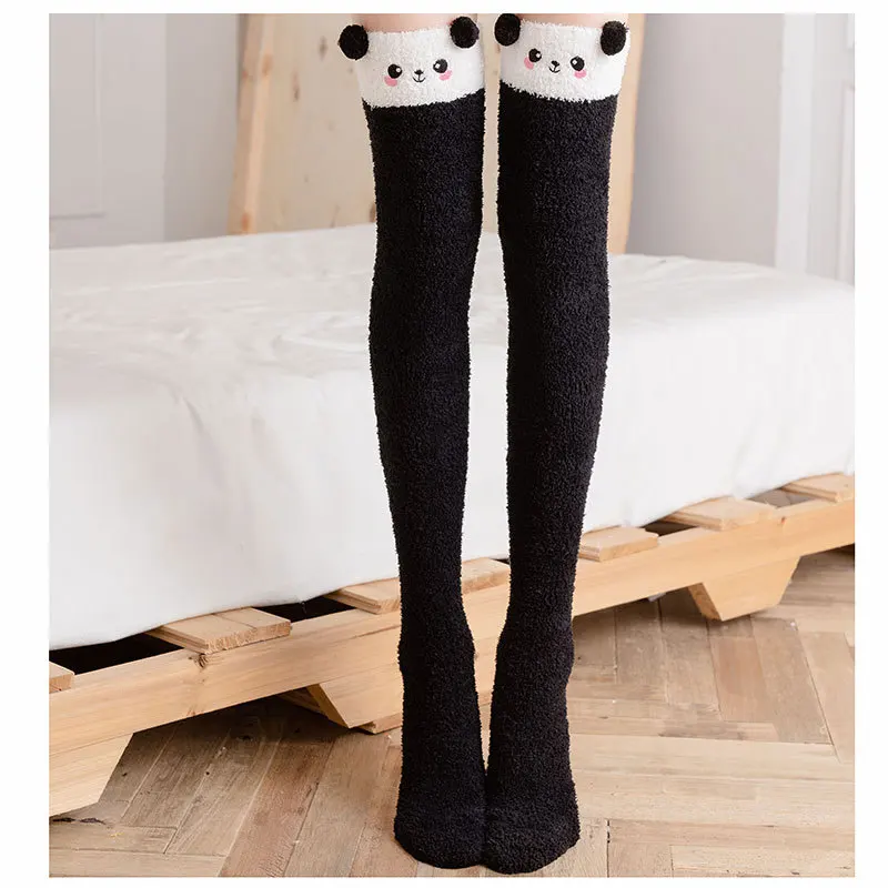 Soft Coral Fleece Knee Socks Winter Warm Girl Women Cute Cartoon Animal Stockings Striped Cozy Thigh High Christmas