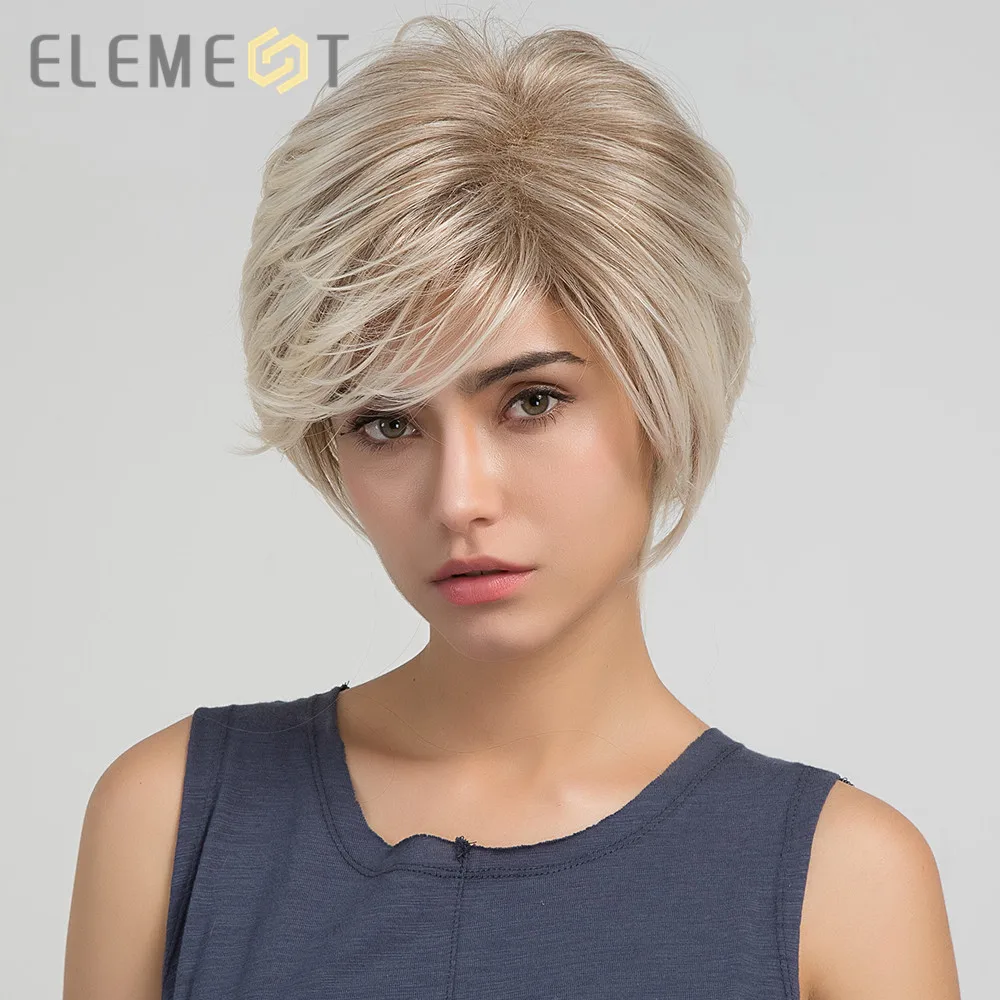 Element Short Straight Ombre Light Brown to Blonde Color Synthetic Pixie Cut Wigs for White/Black Women Daily Wear