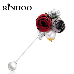 Rinhoo Ladies Cloth Art Fabric Imitation Pearl Flower Brooch Women Long Needle Cardigan Shirt Shawl Suit Badge Lapel Pin Jewelry