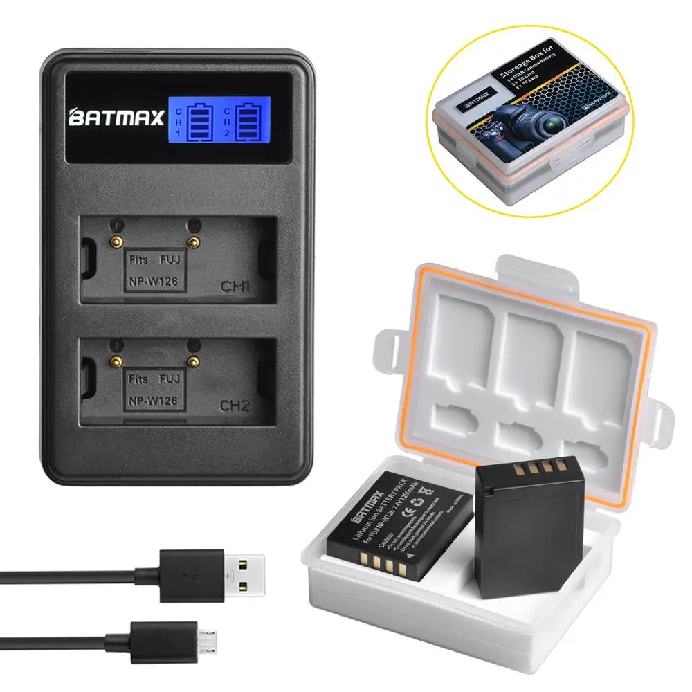 

Batmax 2Pc NP-W126 NPW126 Battery +LCD Dual USB Charger +free Box for Fujifilm X-Pro1 X-E1 X-E2 X-M1 X-A1 X-A2 X-T1 X-T10 X-T20