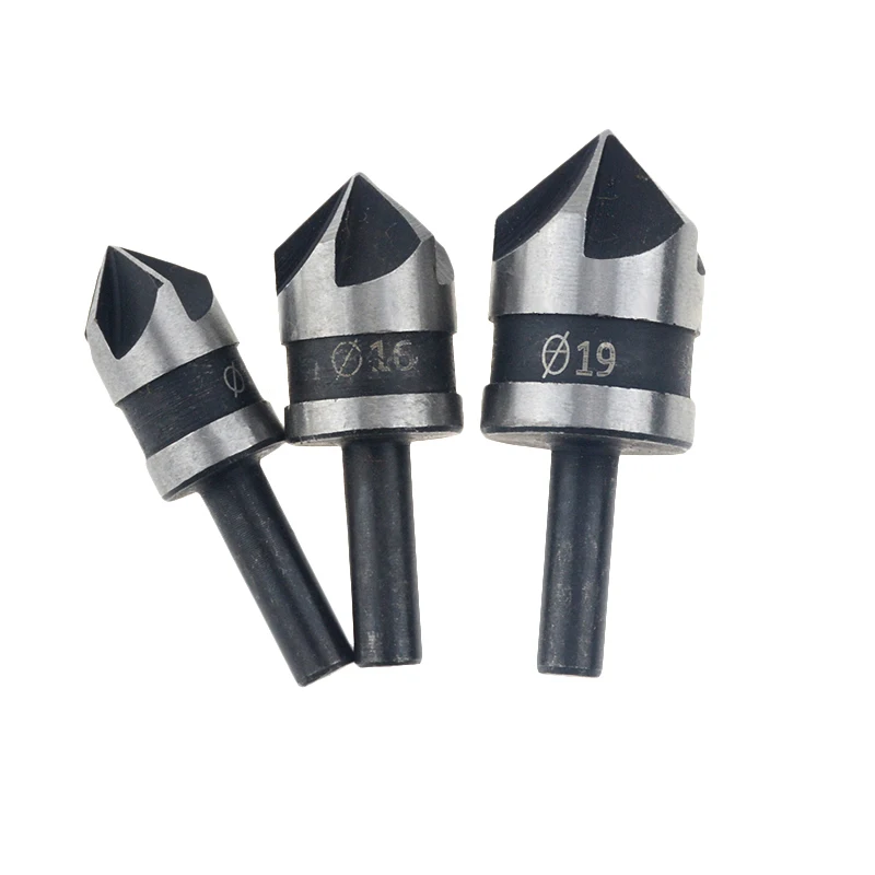 

3PCS carbon steel 90 degrees round shank five-edge chamfer 12mm 16mm 19mm countersink woodworking hole opene Punching