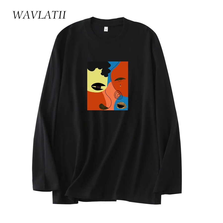 WAVLATII New Women Fashion Orange Long Sleeve T-shirts Female 100% Cotton Casual Spring Tees Lady O-neck Autumn Tops WLT2127