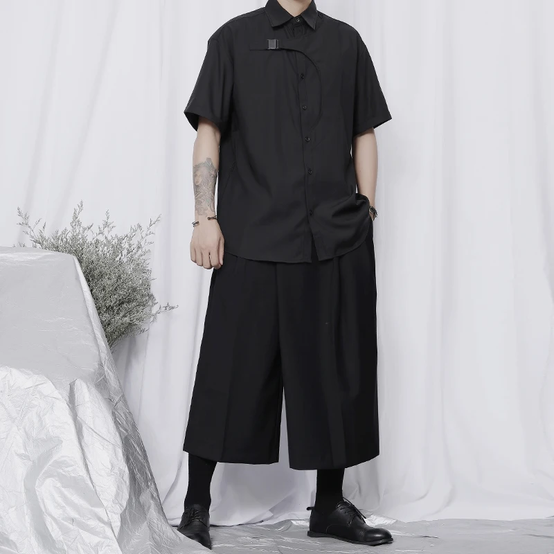 Men's Short Sleeve Shirt Summer New Japanese Yamamoto Style Dark Personality Handsome Button Decoration Fashion Large Size Shirt