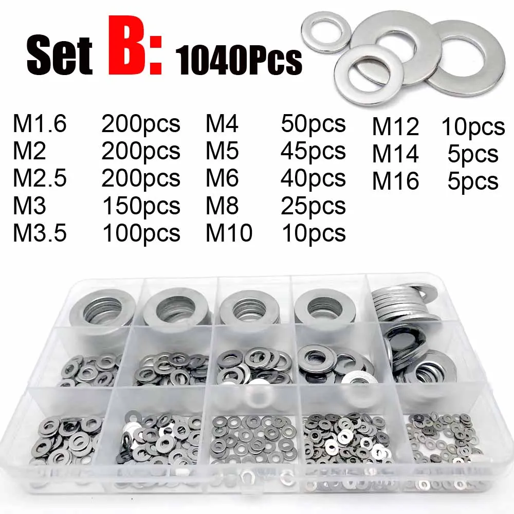 560/1040pcs Flat Washer Assortment Kit M1.6 M2 M2.5 M3 M3.5 M4 M5 M6 M8 M10 M12 M14 M16 304 Stainless Steel Plain Gasket Box Set