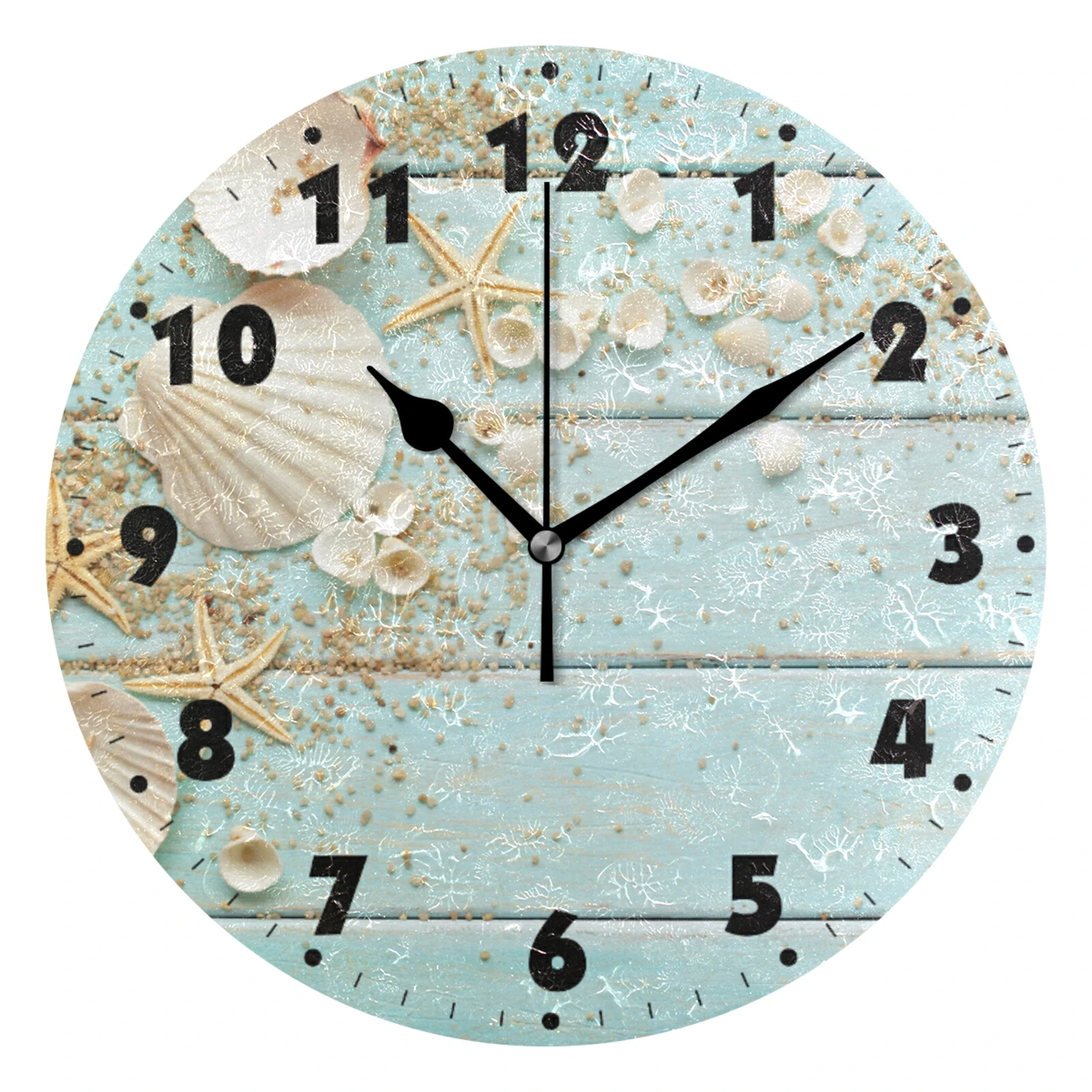

Marine Seashells On Sand Round Wall Clock Silent Non-Ticking Quiet Desk Clock Battery Operated For Living Room Bedroom Decor