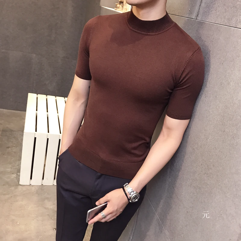 2020 moda krótki sweter z rękawem męskie swetry z golfem brązowy sweter męski brytyjski styl Top prosty Slim Fit Gentleman Sexy