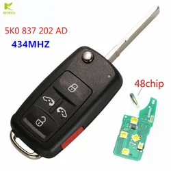 KEYECU Replacement Flip Remote Key fob 5 Buttons 434MHZ ID48 Chip for VW Volkswagen Sharan Multivan Caravelle 5K0 837 202 AD