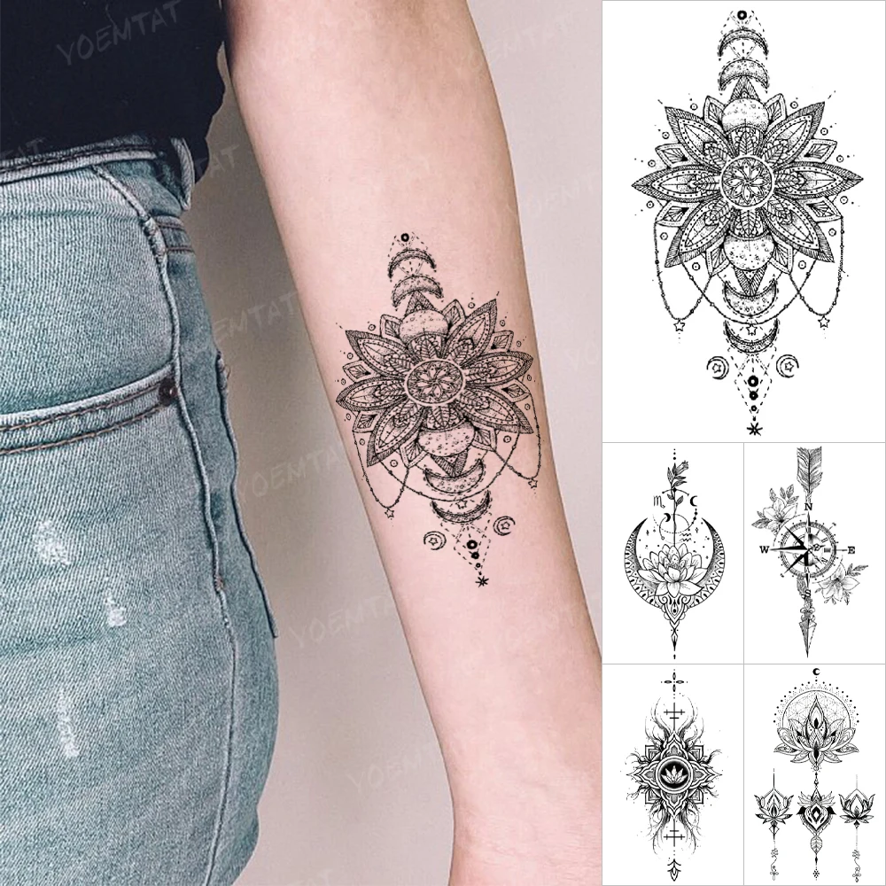 

Lotus Festival Waterproof Temporary Tattoo Sticker Moon Arrow Compass Wrist Arm Man Fake Tattoo Body Art Child Tatoo Female