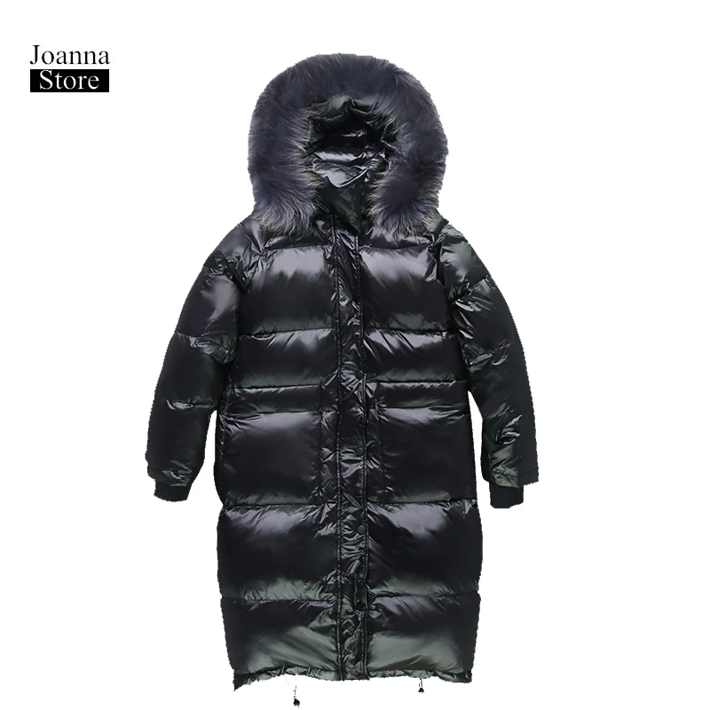 Chaqueta de plumón de pato para mujer, abrigo reflectante de cuello de piel de mapache, abrigo largo cálido de talla grande, abrigos gruesos