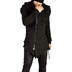 Black Long Hoodie Men 2023 New Fashion Bandage Zipper Mens Hoodies Sweatshirts Hip Hop Streetwear Casual Hooded Pullover Men XXL