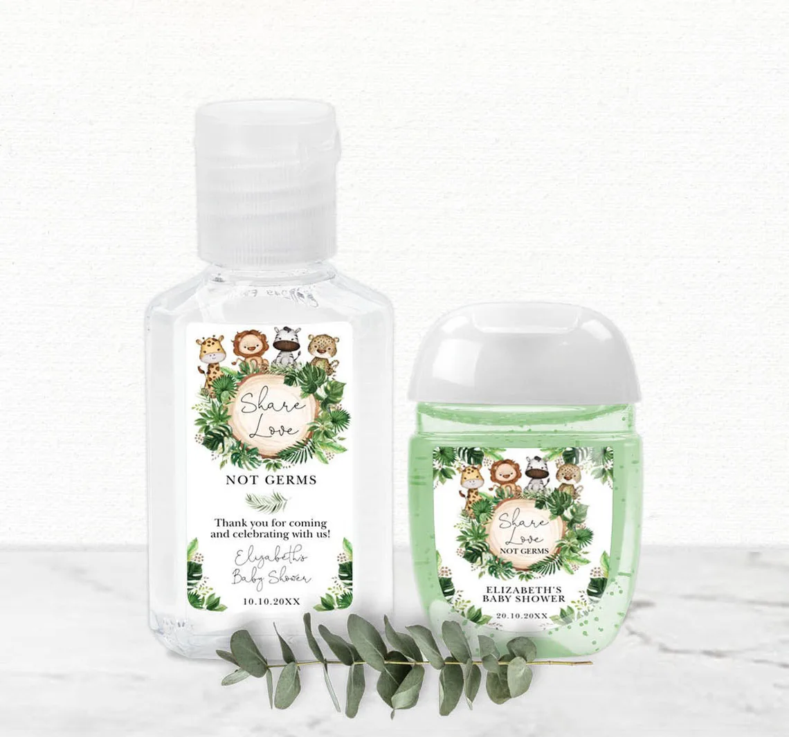 

Тропический сафари дезинфицирующее средство для рук этикетка, сувениры джунгли для будущей мамы, дикие животные 1-й день рождения, пользовательские наклейки