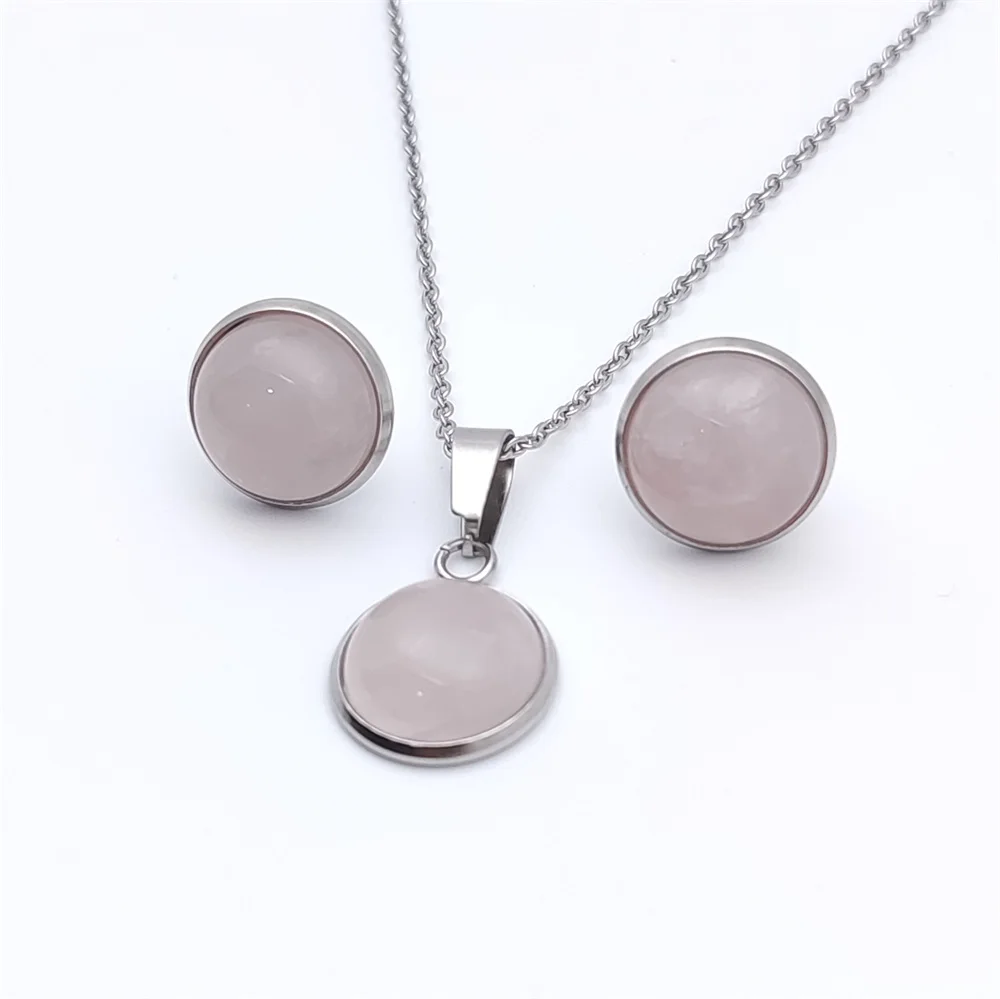 Stainless Steel 10mm Stud 12mm Necklace Jewelry Set Natural Stone Opal Pink Crystal Druzy Necklaces for Women