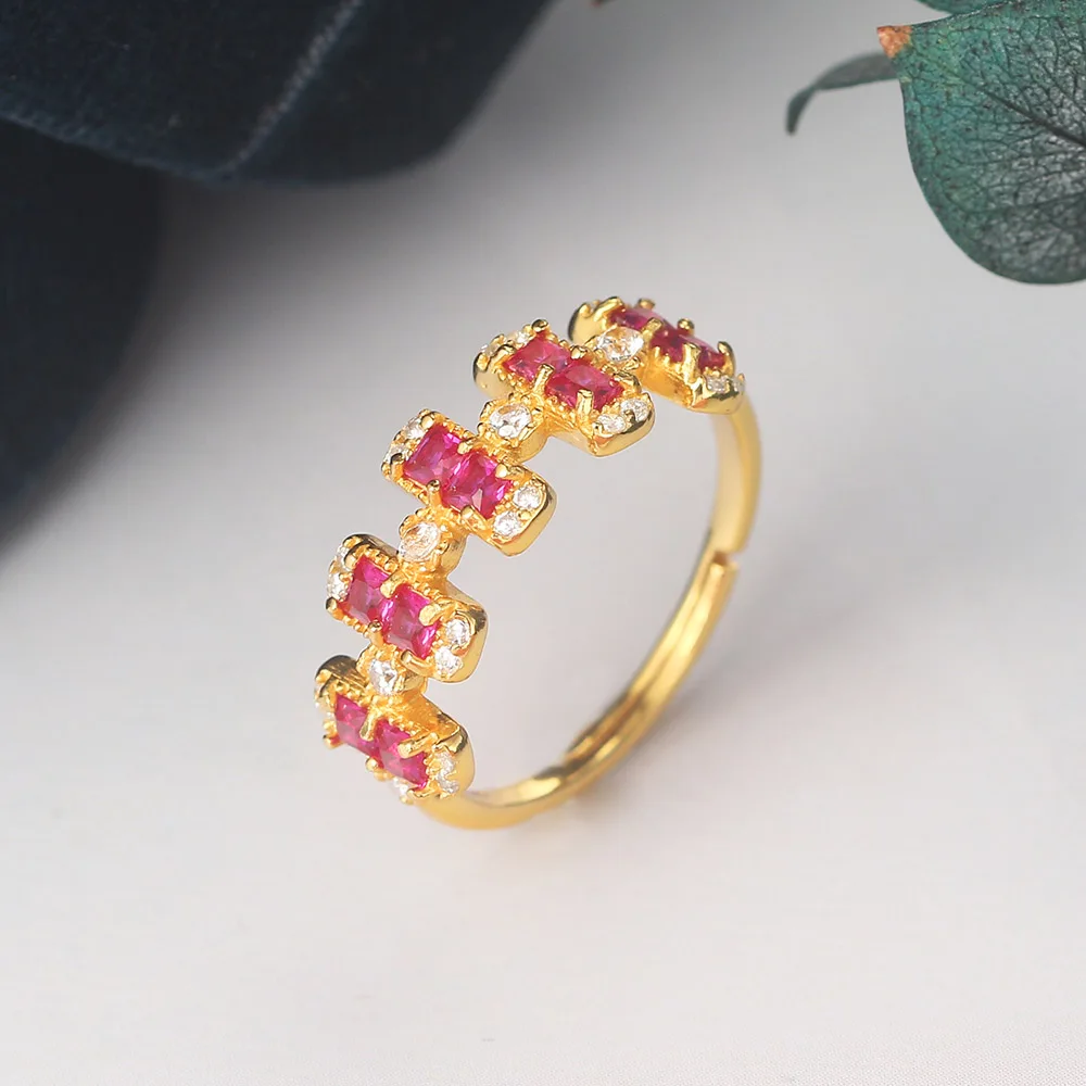 LAMOON Retro Vintage Palace Style Crown 925 Silver Ring For Women Artificial Red Corundum 14K Gold Plated Fine Jewelry LMRI107