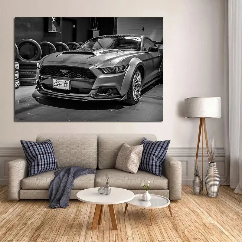 Modern Art Decorative Paintings Fords Mustang Widebody Tuning muscle Car Black and White Wall Picture Canvas Posters and Prints