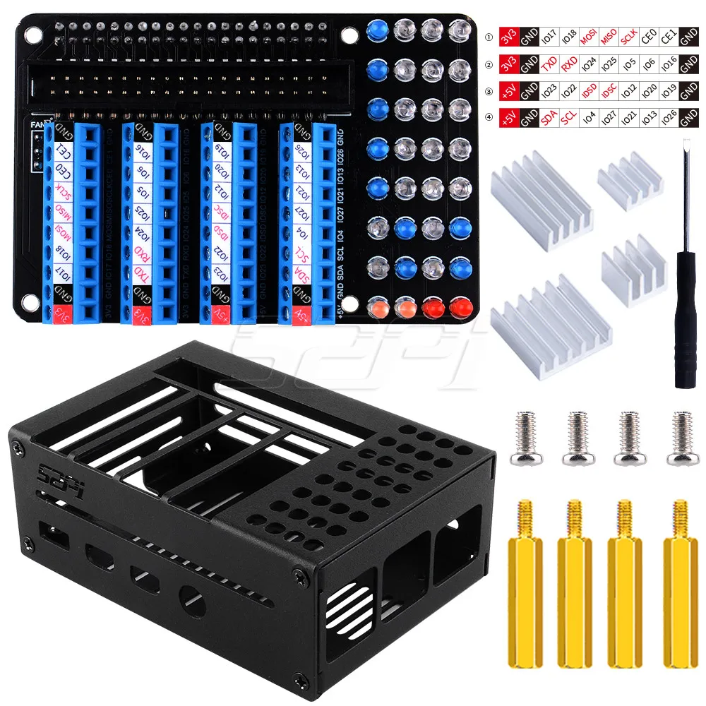 52Pi Raspberry Pi 4 Model B GPIO Terminal Board with LED Metal Case For Raspberry Pi 4B