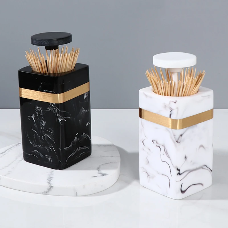 Marbled Toothpick Holder Storage Box Resin Luxury Press Automatic Push Toothpick Case Home Living Room Restaurant Decor Box