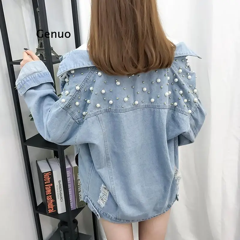 Autumn Blue Denim Jacket With Pearls Beading Vintage Long Sleeve Women Basic Jeans Coats Loose Female Hole Top Casual Outwear