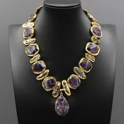 GG Natural Freshwater Black Biwa Pearl Purple Nugget Amethyst Edge Necklace Gold Color Plated Amethysts Pendant