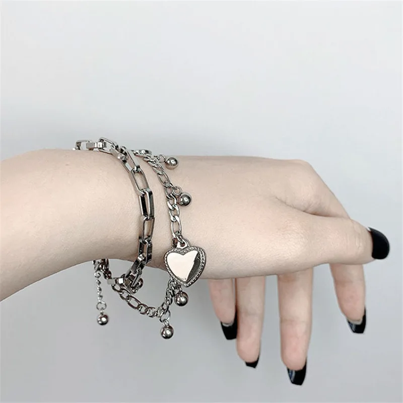 Double Heart Shaped Bracelet Punk Tide Cool Bounce Di Hip Hop Bracelet Net Red Cold Wind Bracelet Ring Female Jewelry Armband