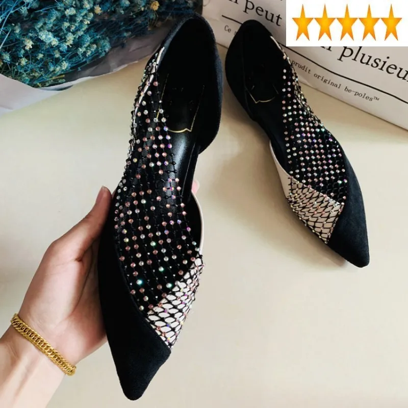 

Sexy New Fashion Summer Women Hollow Out Flats Pointed Toe Crystal Comfortable Ladies Side Open Designer Casual Flat Shoes