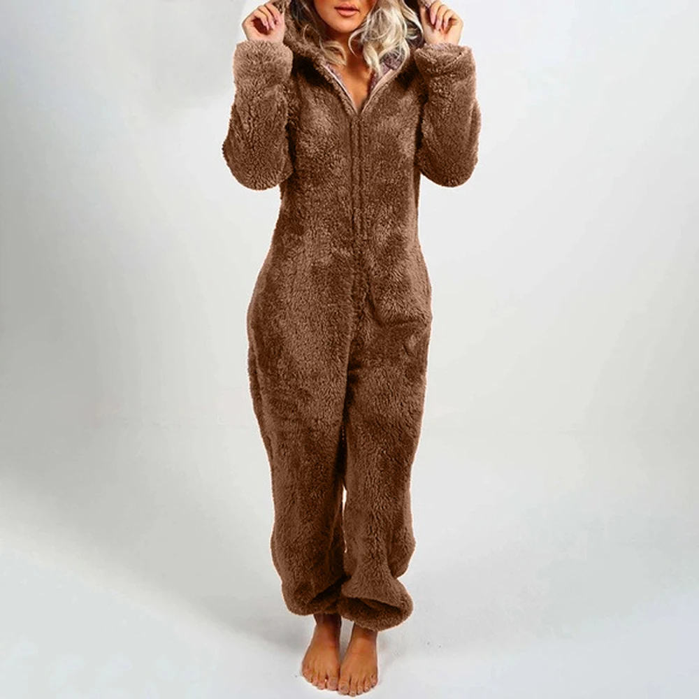 Pelele de felpa para mujer, pijama de manga larga con cremallera y cuello alto, gorro que mantiene el calor, ropa para niña, novedad de 2021