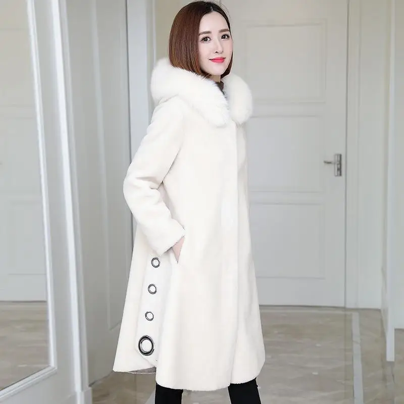 Granular Sheep Shearing Coat Women\'s Mid-Length 2023 Winter New Fox Fur Hooded All-In-One Faux Fur Clothing Jacket L33