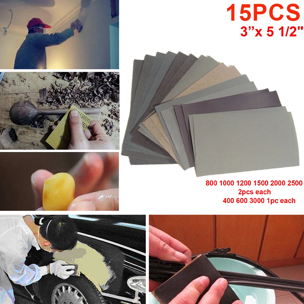 

15pcs Sandpaper Set 400 600 3000 800 1000 1200 1500 2000 2500 Grit Sanding Paper Wet/Dry Abrasive Metal Glass Car Polishing