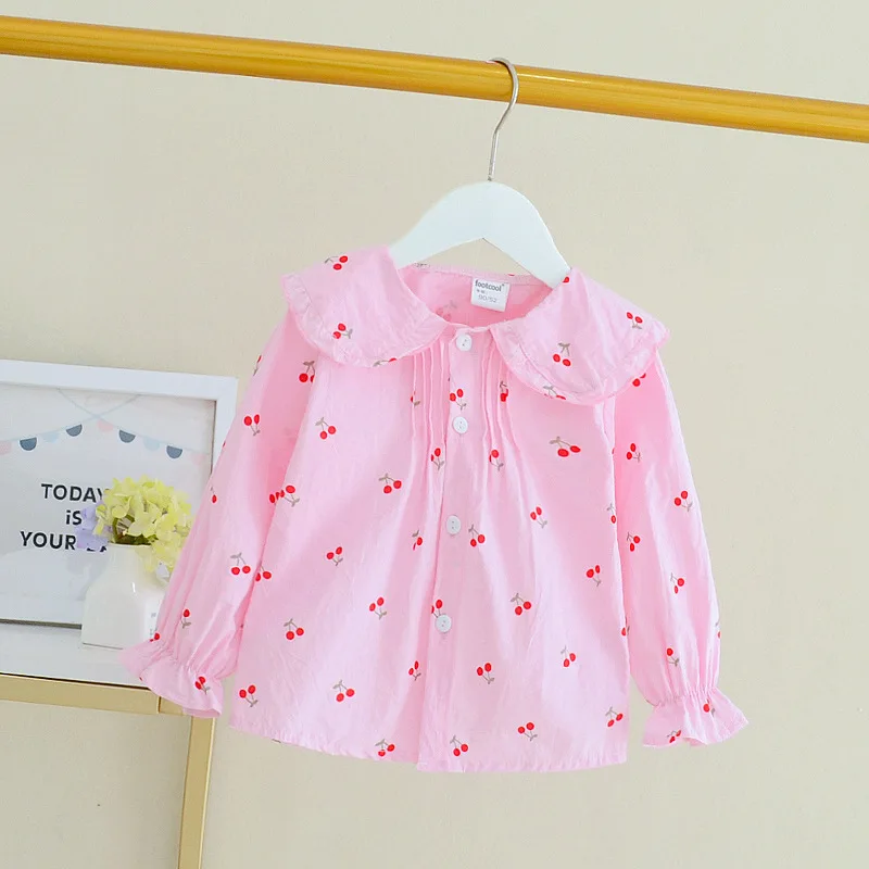 F Girls Blouses Clothes Baby Spring Shirts Toddler Infant Cherry Print Tees Tops 1 2 3 4 Years Kids Cotton Shirt