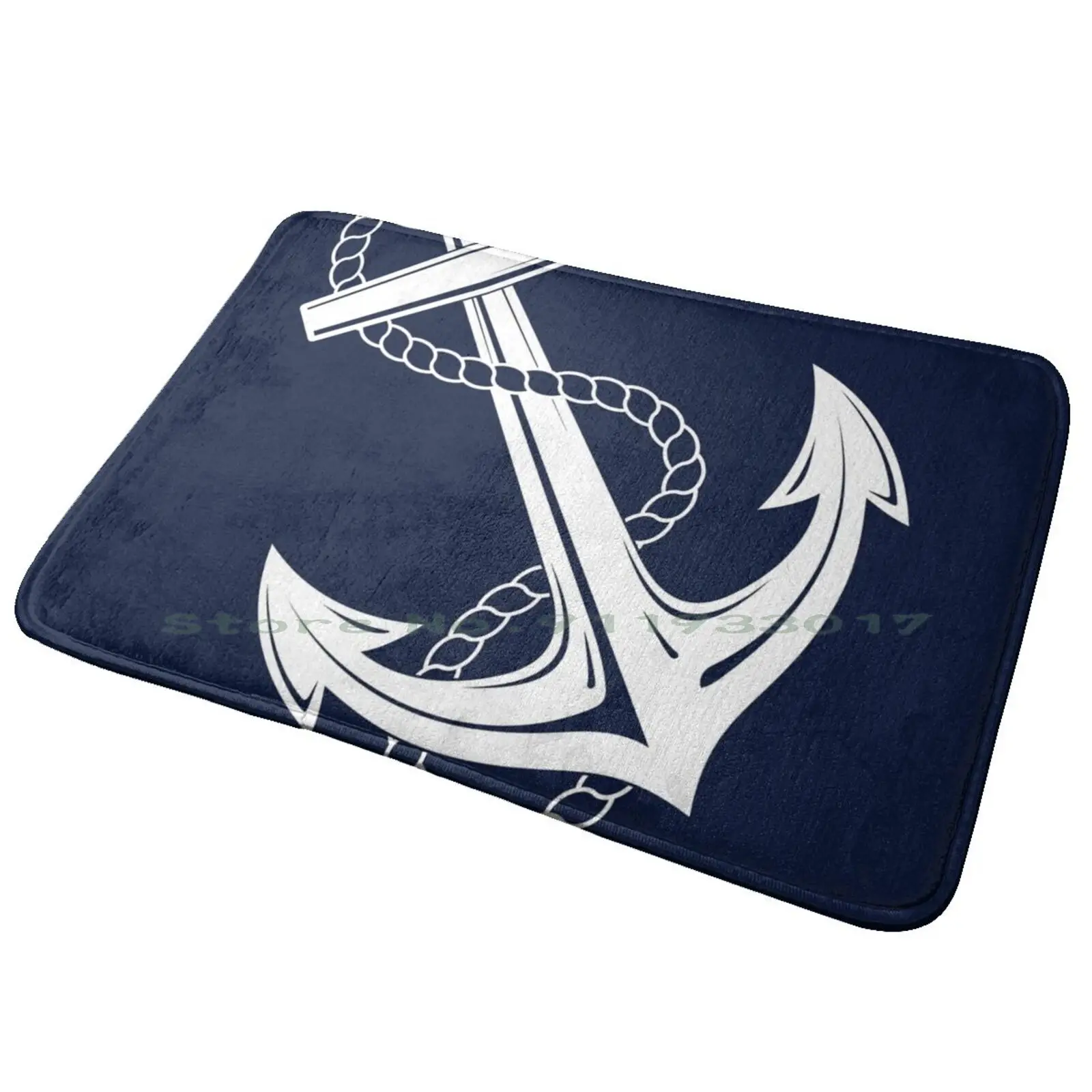 Anchor White & Navy Entrance Door Mat Bath Mat Rug Marine Anchors Navy White Blue Ropes Boating Boaters Fishermans Unique Ocean