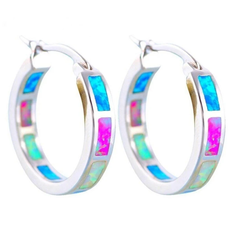 Women Classic Earring Wedding Fashion Jewelry Blue Fire Opal Hoop Earrings 1 Pair