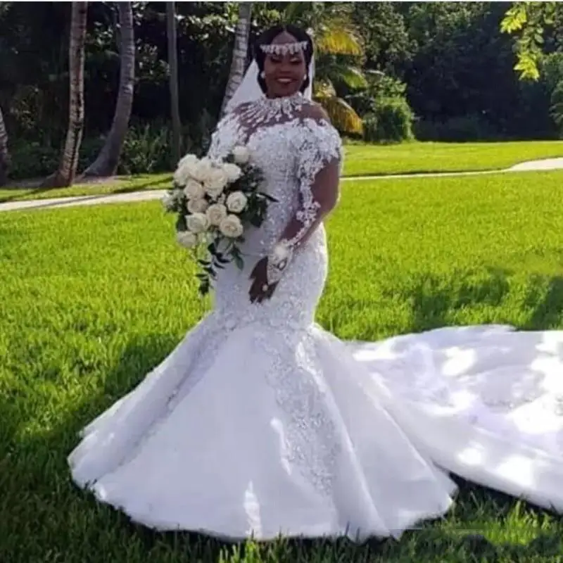 

Plus Size African Mermaid Wedding Dresses Luxury Beaded Appliqued Long Sleeves Chapel Train Custom Made Gown Robe De Mar