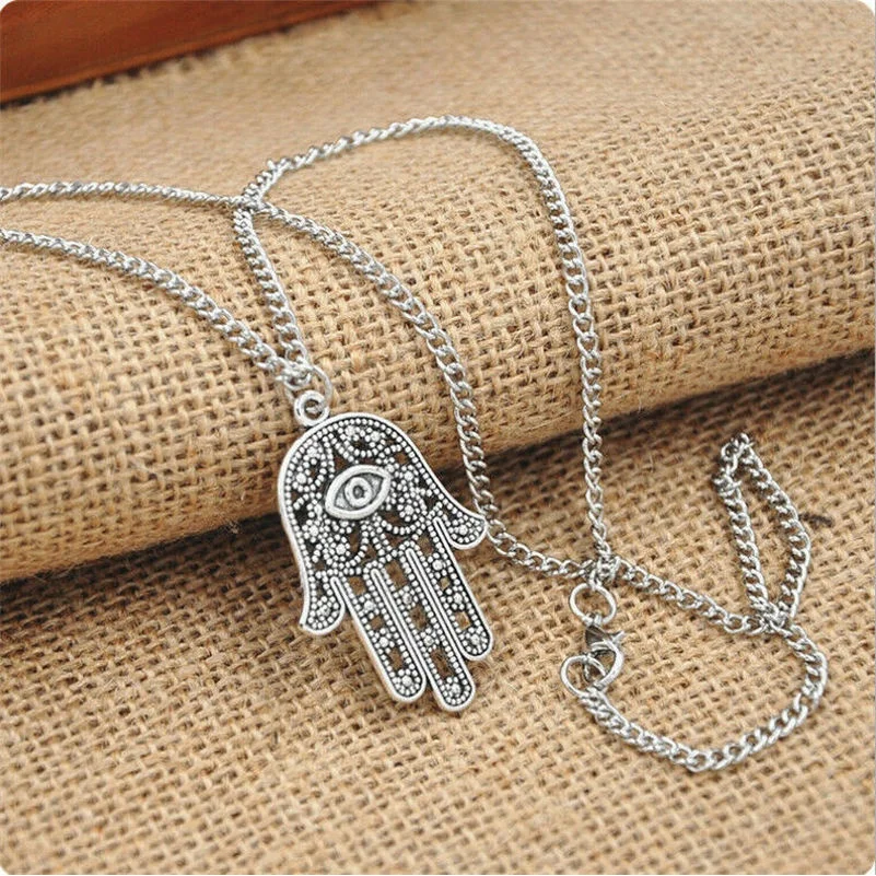 Vintage Silver Hamsa Hand of Fatima Pendant Amulet Evil Eye Charm Necklace New