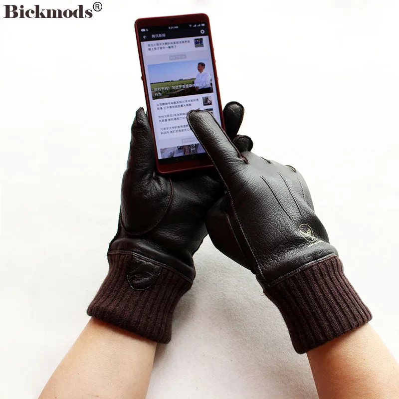 Motorcycle Riding Touch Screen Deerskin Gloves Men\'s Wool Lining Threaded Sleeves Winter Warm Car Driving Leather Finger Gloves