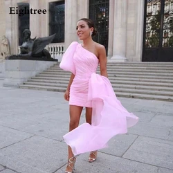 Eightree Light Pink Short Mini Chiffon Prom Dress Asymmetric One Sleeve With Bow Party Dress Pleated Formal Night Evening Gowns