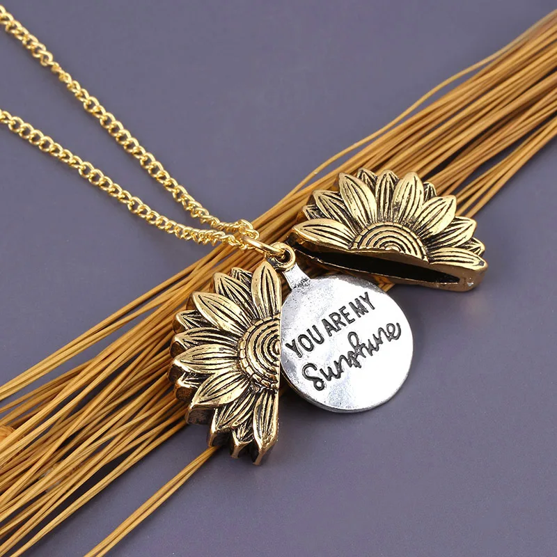 Fashion Sunflower Necklace For Women You Are My Sunshine Long Chain Sun Flower Female Pendant Open Locket Engraved Necklace Gift