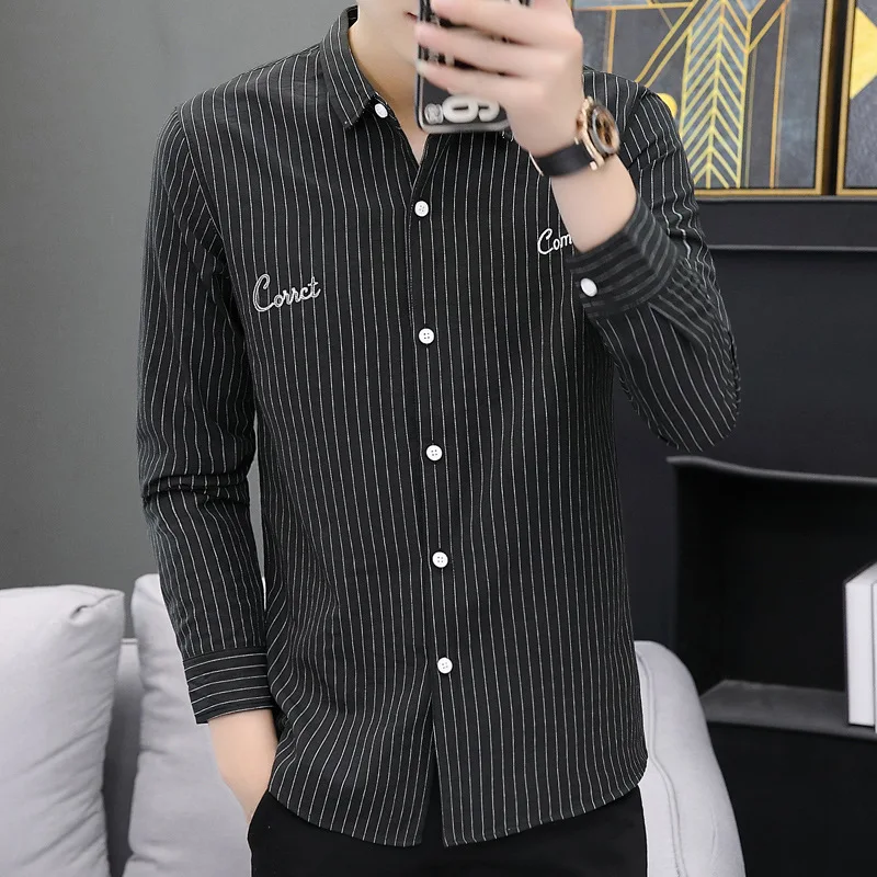 Men's Wear Spring New Fashion Thin Casual Korean Version Embroidered Cardigan Slim Lapel Stripe Top High-end Long Sleeve Shirt