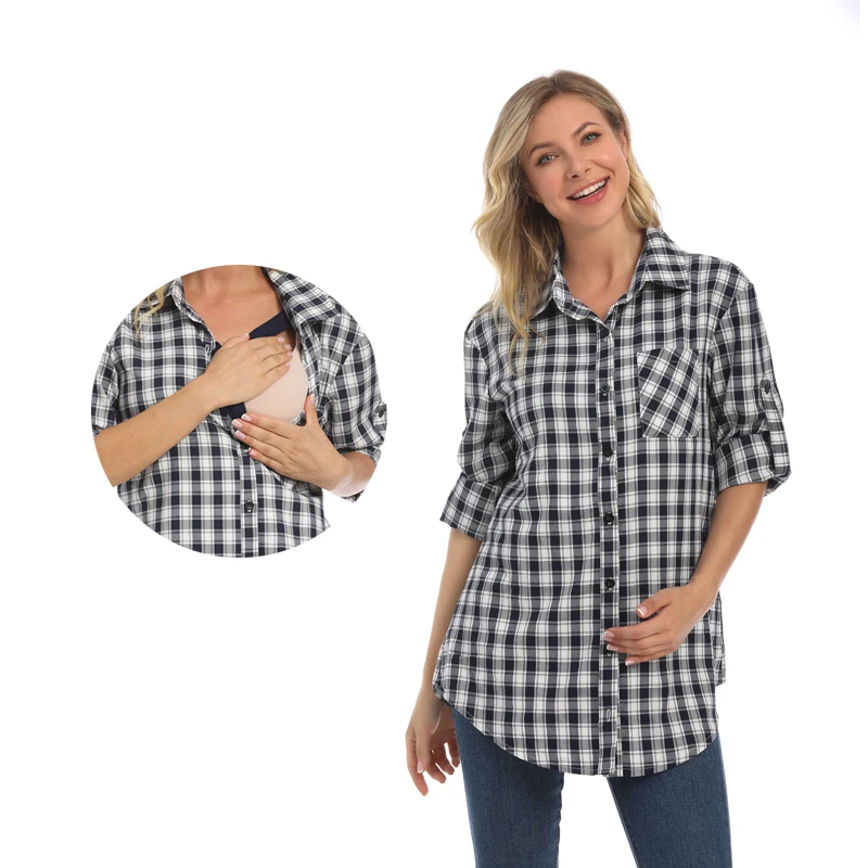 

Long Sleeve Maternity Clothes Women Pregnant Shirt Lactation Top Soft Check Breastfeeding Blouse Loose and Big Size Style