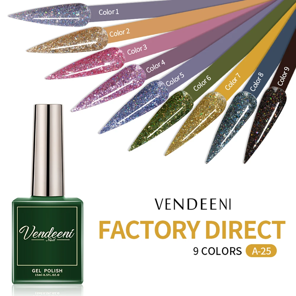 

Vendeeni 15ml 9 Colors Glitter Sequins Nail Gel Varnish Manicure Soak Off UV Gloss Bling Sparkling Shiny Gel Nail Polish